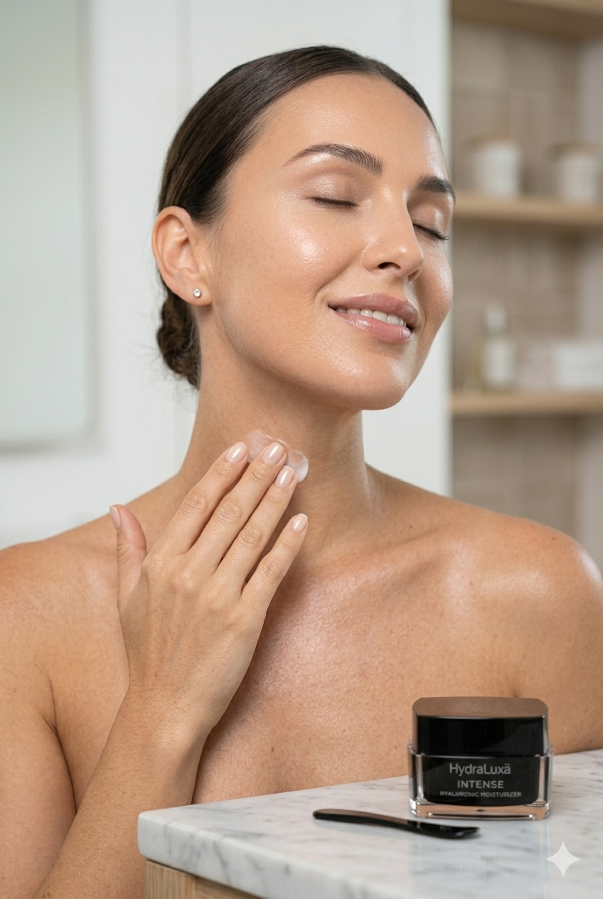 Woman with glowing hydrated skin using HydraLuxa