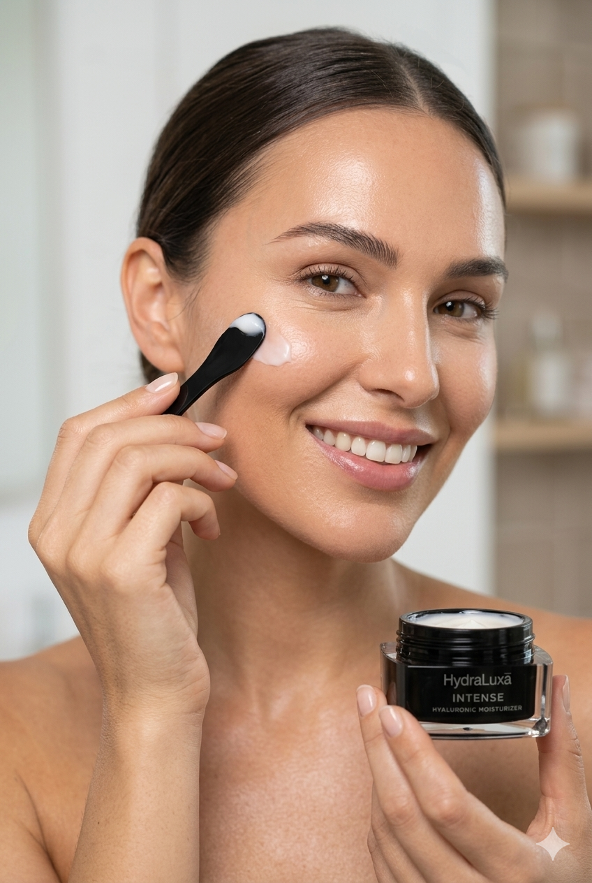 Woman with glowing hydrated skin using HydraLuxa